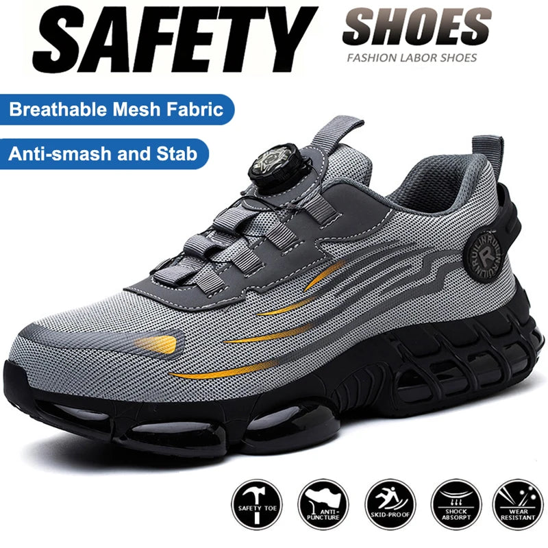 Rotating Button Steel Toe Anti-Puncture Non Slip Work Shoes Man Lightweight Breathable Safety Shoes Men'S Work Shoes Boots